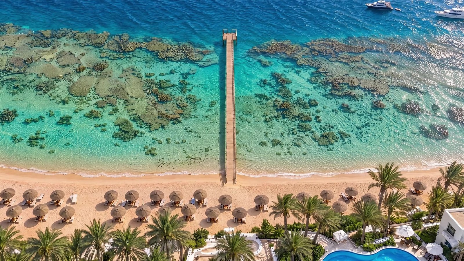 Luftaufnahme eines Strands am Roten Meer mit einem geraden Steg